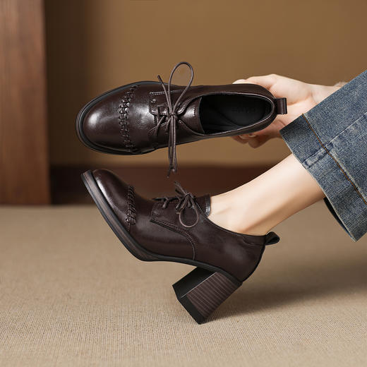 阿么手工女鞋深口高跟系带小皮鞋女款新款编织百搭真皮单鞋7.5CM 商品图2