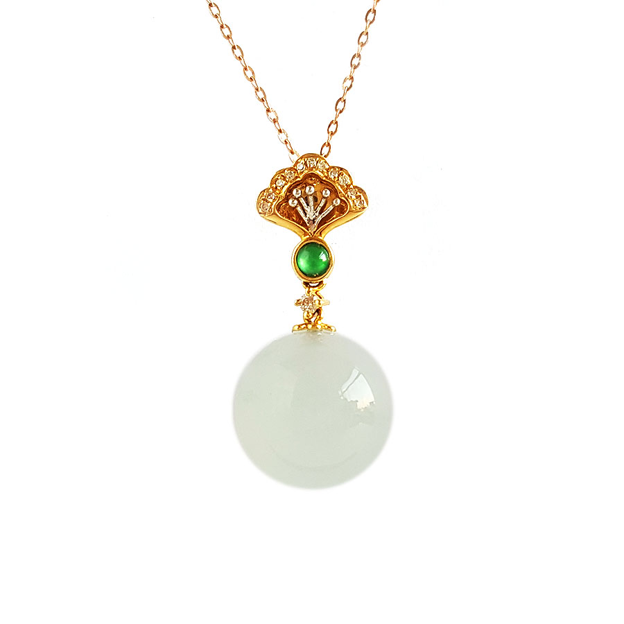 【天然正品】A货翡翠AU750黄金镶钻镶天然细腻冰种晴水翡翠圆珠吊坠项链25.5*12.2*12.2MM（皆取最大值）220126TJ19