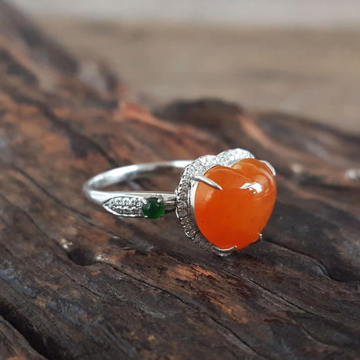 【天然正品】A货翡翠AU750精品白金镶钻镶天然细腻糯种心型蛋面黄翡戒指14号（戒圈可改）281025AH37 商品图3