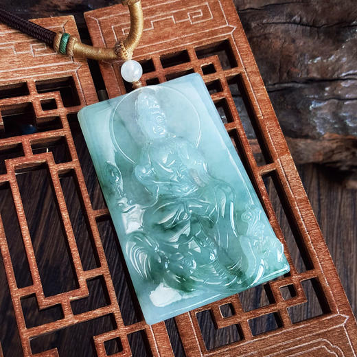 【天然正品】A货翡翠天然细腻冰种飘蓝花雕普贤菩萨（护佑平安）平安无事牌翡翠吊坠项链090226NJT28 商品图6
