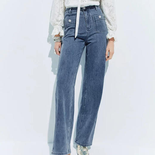 天虹门店发货: 【SGPR】深蓝色牛仔裤2026年春季新款高腰长裤直筒裤钉珠女裤子MU80TR014 商品图1