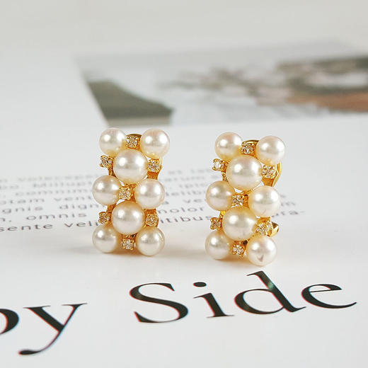 【天然正品】AU750黄金镶钻镶天然排镶近完美约3.2-5.2MM 粉色晕彩AKOYA海水珍珠耳环290126TJ27 商品图3