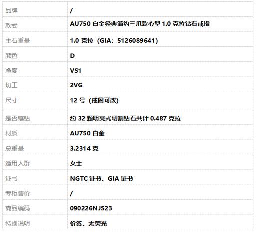 【天然正品】AU750白金经典简约三爪款心型1.0克拉钻石戒指12号（戒圈可改）090226NJS23 商品图10