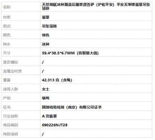 【天然正品】A货翡翠天然细腻冰种飘蓝花雕普贤菩萨（护佑平安）平安无事牌翡翠吊坠项链090226NJT28 商品图9