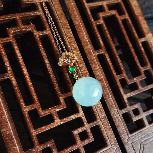 【天然正品】A货翡翠AU750黄金镶钻镶天然细腻冰种晴水翡翠圆珠吊坠项链25.5*12.2*12.2MM（皆取最大值）220126TJ19 商品图5