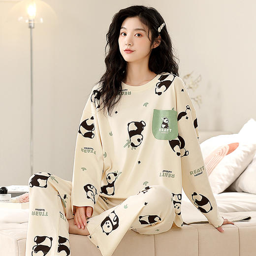 J1-【防凸点自带胸垫】睡衣女秋冬季开衫长袖可外穿女士家居服套装   雪月梦落/熊猫竹女 商品图1