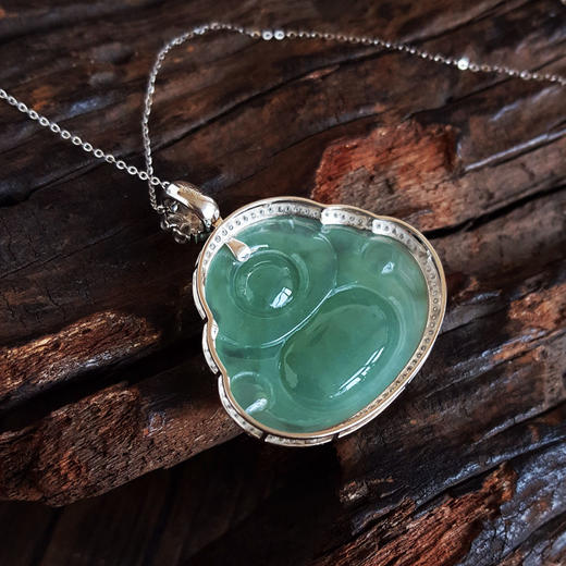 【天然正品】A货翡翠AU750白金镶天然糯冰种湖水绿佛公翡翠（平安、吉祥）吊坠项链35.7*32.9*10.1MM（皆取最大值）260126NJM55 商品图5