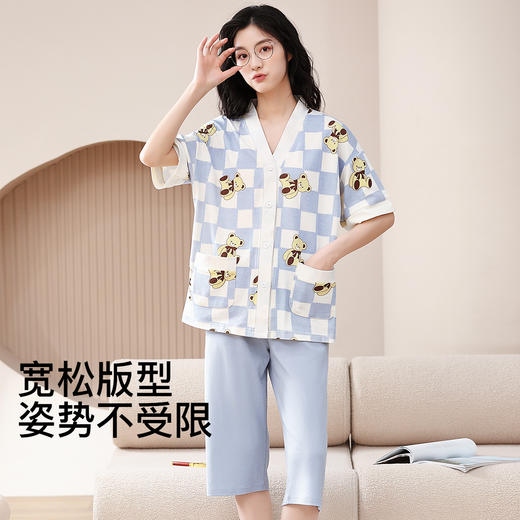 J1-睡衣女春夏薄款清爽透气宽松舒适短袖短裤家居服女士睡衣套装 集合 商品图3