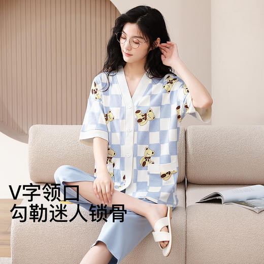 J1-睡衣女春夏薄款清爽透气宽松舒适短袖短裤家居服女士睡衣套装 集合 商品图1