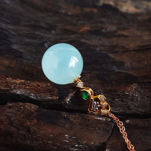 【天然正品】A货翡翠AU750黄金镶钻镶天然细腻冰种晴水翡翠圆珠吊坠项链25.5*12.2*12.2MM（皆取最大值）220126TJ19 商品图3