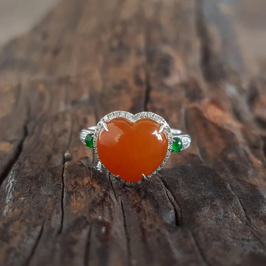 【天然正品】A货翡翠AU750精品白金镶钻镶天然细腻糯种心型蛋面黄翡戒指14号（戒圈可改）281025AH37 商品图5