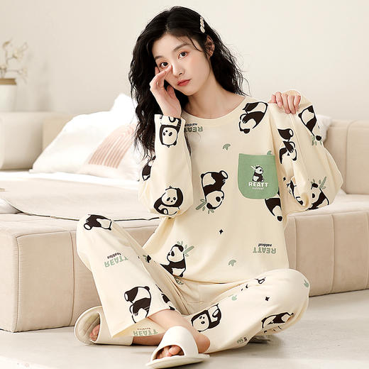 J1-【防凸点自带胸垫】睡衣女秋冬季开衫长袖可外穿女士家居服套装   雪月梦落/熊猫竹女 商品图2