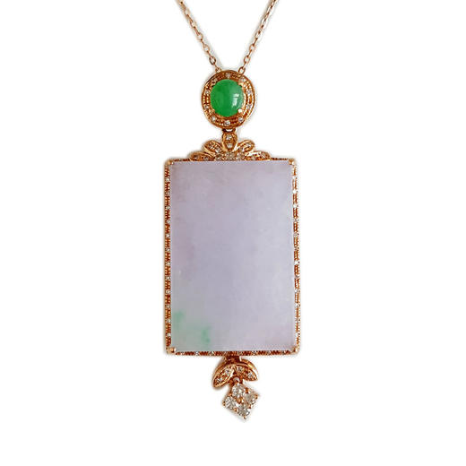 【天然正品】A货翡翠AU750玫瑰金镶钻镶天然细腻糯种紫罗兰飘绿平安无事牌翡翠吊坠项链43.8*17.0*8.2MM（皆取最大值）281025AH65 商品图0