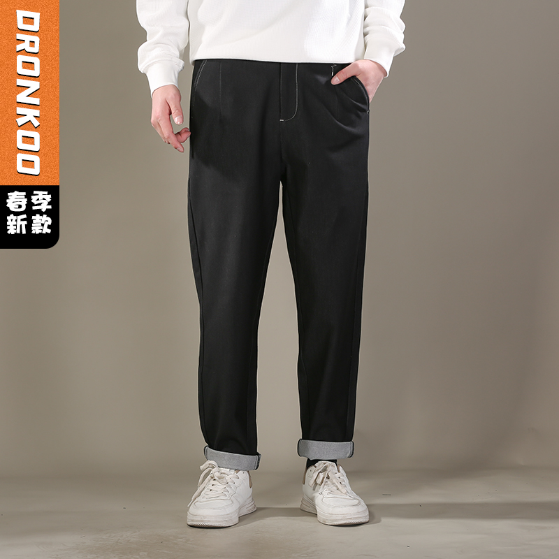 DRONKOO 2026 半松紧腰后口袋压明线仿牛仔中厚休闲长裤