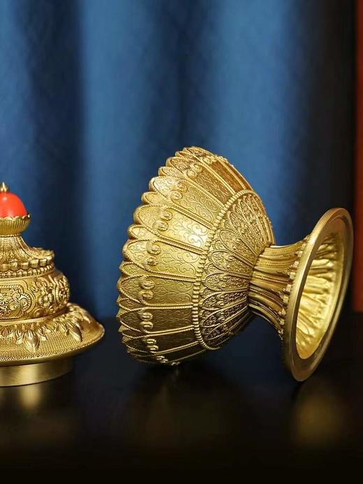 慧宝西藏式供奉黄铜米盒精雕八吉祥密宗米罐三层法器佛堂佛具摆件 商品图3