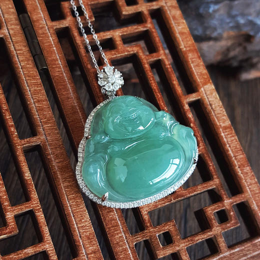 【天然正品】A货翡翠AU750白金镶天然糯冰种湖水绿佛公翡翠（平安、吉祥）吊坠项链35.7*32.9*10.1MM（皆取最大值）260126NJM55 商品图7
