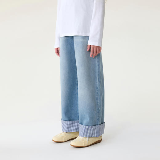 马克珍妮清新格纹女童卷边牛仔阔腿裤2026年春装新款560206 商品图1