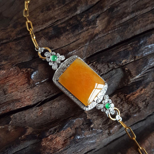 【天然正品】A货翡翠AU750双色金豪镶钻镶天然细腻糯种平安无事牌黄翡手链20CM（长度可调节）281025AH25 商品图3