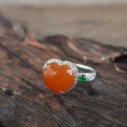 【天然正品】A货翡翠AU750精品白金镶钻镶天然细腻糯种心型蛋面黄翡戒指14号（戒圈可改）281025AH37 商品图2