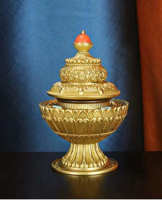 慧宝西藏式供奉黄铜米盒精雕八吉祥密宗米罐三层法器佛堂佛具摆件 商品图5