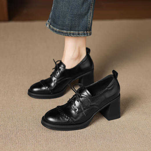 阿么手工女鞋深口高跟系带小皮鞋女款新款编织百搭真皮单鞋7.5CM 商品图1