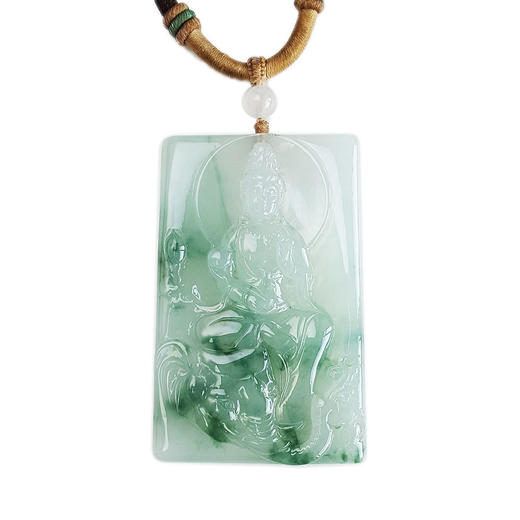 【天然正品】A货翡翠天然细腻冰种飘蓝花雕普贤菩萨（护佑平安）平安无事牌翡翠吊坠项链090226NJT28 商品图0