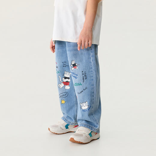 马克珍妮快乐猫咪男童纯棉直筒牛仔裤2026年春装新款560380 商品图1