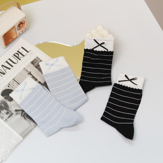 【2双装】【6双6折】女士蝴蝶结休闲袜条纹花边女袜中长筒春夏薄袜【2612202】 商品图0