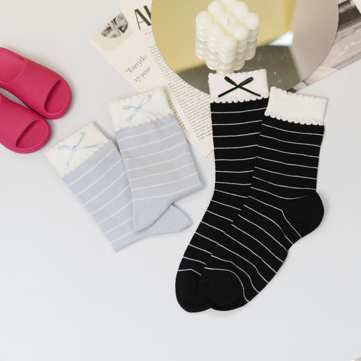 【2双装】【6双6折】女士蝴蝶结休闲袜条纹花边女袜中长筒春夏薄袜【2612202】 商品图1