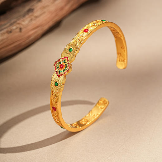 【红绿宝相花沙金手镯】敦煌新中式珐琅彩芍药花开口手镯新款个性时尚复古民族风沙金手镯礼物 商品图3