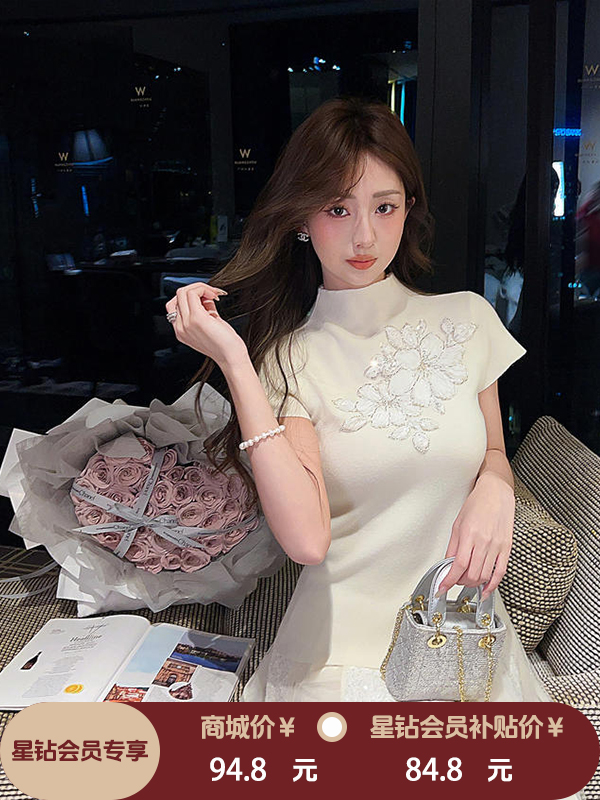 张心子【手工花】绝美独特立体花半高领针织衫短袖上衣 U2602045