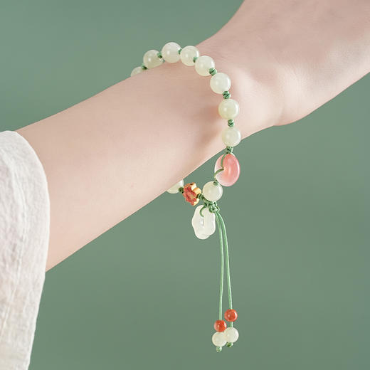 【映雪·和田玉梅花手绳】敦煌天然和田玉圆珠双流苏手绳梅花朵朵开玛瑙平安扣设计款手编手绳女 商品图4