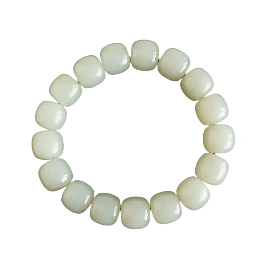 【天然正品】天然无杂裂约11*12MM和田玉青玉桶珠手串17CM（弹力绳）130126NJS37