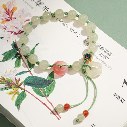 【映雪·和田玉梅花手绳】敦煌天然和田玉圆珠双流苏手绳梅花朵朵开玛瑙平安扣设计款手编手绳女 商品图0