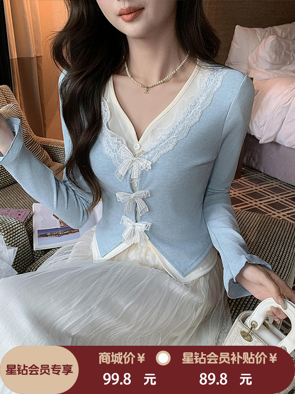 张心子【半糖主义】甜美假两件撞色针织衫女长袖早春新款修身上衣 U2602047