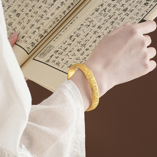 【宽镯宝相花沙金手镯】敦煌新中式珐琅彩芍药花开口手镯新款个性时尚复古民族风沙金手镯礼物 商品图3