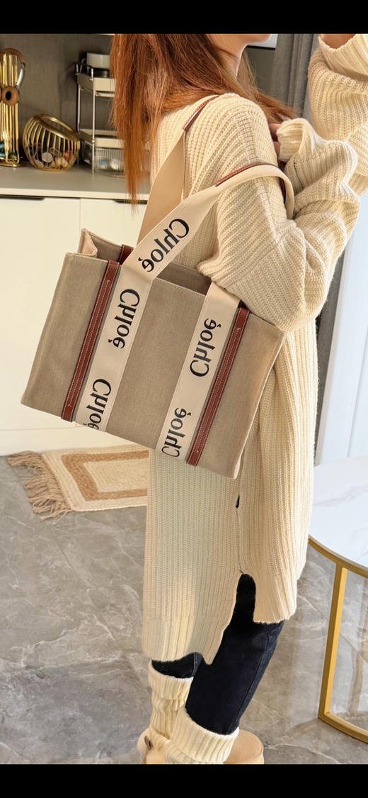 Chloe woody 中号 帆布拼皮 棕色 托特包 商品图1