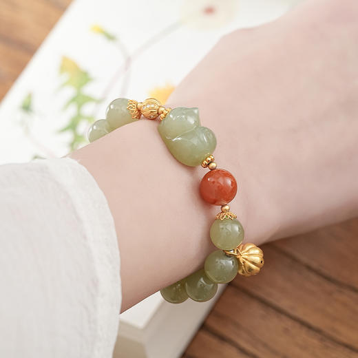 【喵玉招财·和田玉南红纯银手串】敦煌福泽和田玉趴趴猫手链搭配南红S925银饰品手串 商品图3