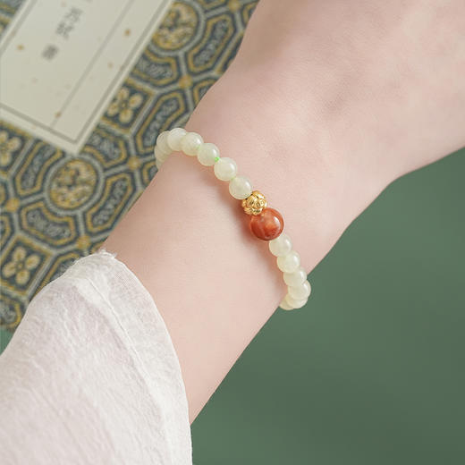 【花间·和田玉南红手串】敦煌天然和田玉南红转运珠手串女生浅晴水玉珠手链轻奢款闺蜜 商品图7