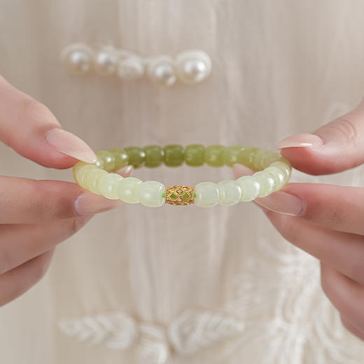 【青云·和田玉渐变桶珠手串】真品天然和田玉晴水渐变串珠手串女款翡翠玉石手链高级感原创设计 商品图0