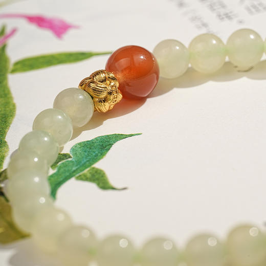 【花间·和田玉南红手串】敦煌天然和田玉南红转运珠手串女生浅晴水玉珠手链轻奢款闺蜜 商品图3