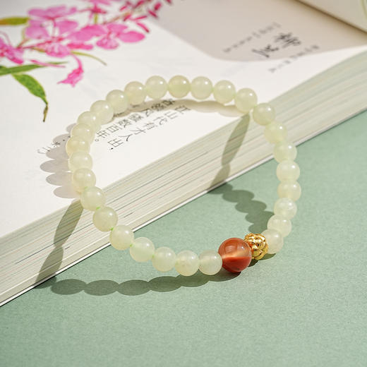【花间·和田玉南红手串】敦煌天然和田玉南红转运珠手串女生浅晴水玉珠手链轻奢款闺蜜 商品图5