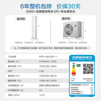海尔空调 净省电 2匹柜机 新一级能效变频冷暖客厅立式 双排纯纯铜管 KFR-50LW/E1-1 商品图6