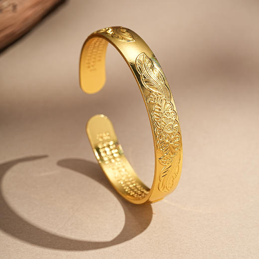 【牡丹沙金手镯】敦煌沙金宽版牡丹花心经开口手镯女新中式錾刻花朵开口手镯仿黄金实心小众高级感镯子 商品图12