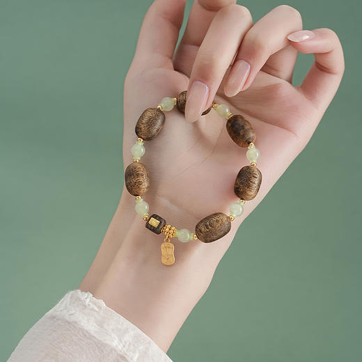 【暗香·和田玉沉香手串】敦煌沉香木桶珠天然和田玉圆珠手串新中式平安喜乐复古风文玩盘玩手串 商品图5