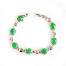 【天然正品】A货翡翠AU750白金镶钻镶天然细腻糯种满绿蛋面翡翠手链 链长：18CM（长度可调节）120226NJM29