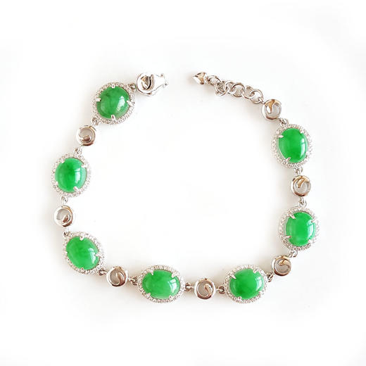 【天然正品】A货翡翠AU750白金镶钻镶天然细腻糯种满绿蛋面翡翠手链 链长：18CM（长度可调节）120226NJM29 商品图0