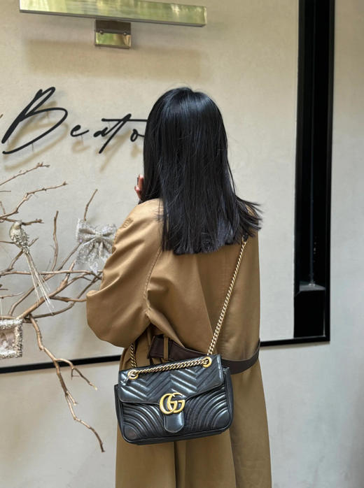 Gucci 双g 马蒙 中号 牛皮 黑金 斜挎包 商品图2