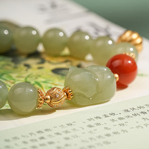 【喵玉招财·和田玉南红纯银手串】敦煌福泽和田玉趴趴猫手链搭配南红S925银饰品手串 商品图5