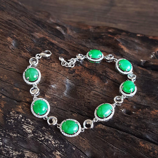 【天然正品】A货翡翠AU750白金镶钻镶天然细腻糯种满绿蛋面翡翠手链 链长：18CM（长度可调节）120226NJM29 商品图2